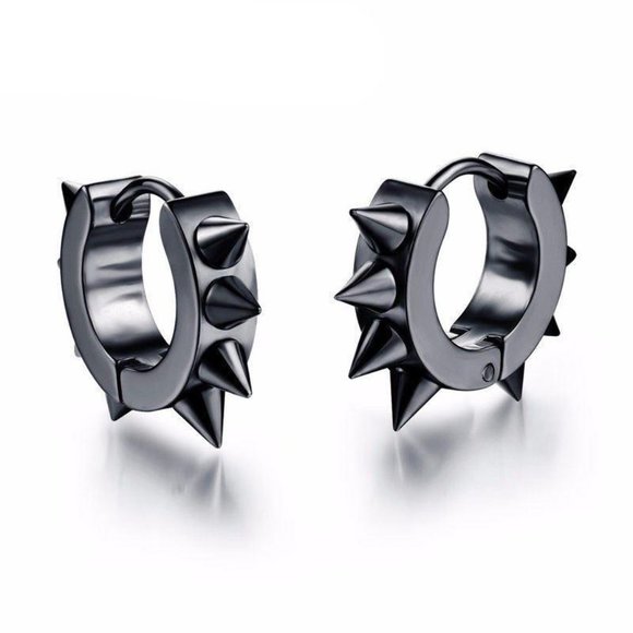 1Pair BTS Boys Hip hop Awl Punk Stud Rivet Stainless Spike Hoop Silver Earrings - Picture 1 of 5